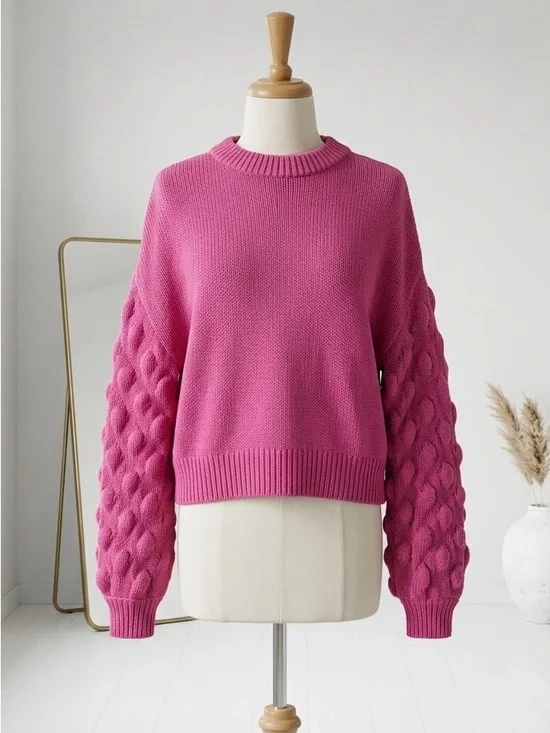 Divided| H&M| Barbie Pink Balloon-Sleeve Cozy Crewneck Sweater Sz S - Picture 1 of 6